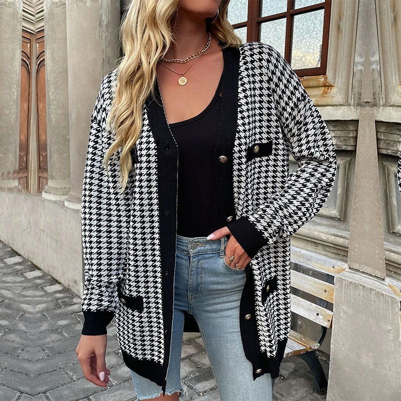 Weekend Specials to Cherish Women's Mid Length Dogtooth Button Front Cardigan