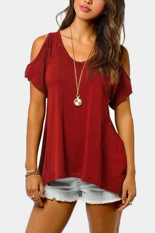 Special Offer Custom Cold Shoulder Short Sleeve Irregular Hem T-Shirts