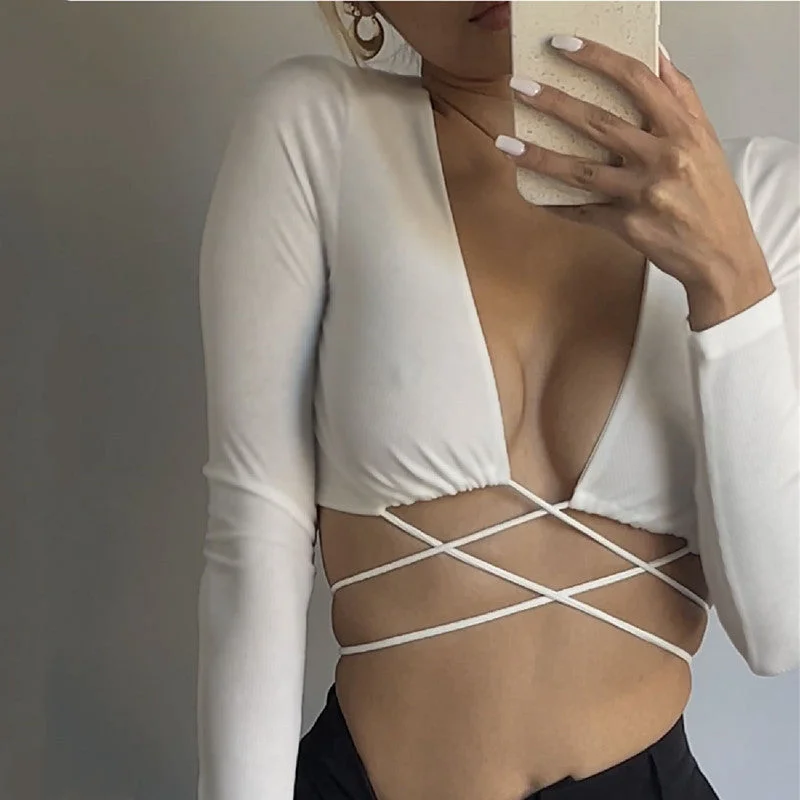 Year-End Sale Sexy Deep V Straps Solid Color Long-Sleeved Wholesale Crop Tops