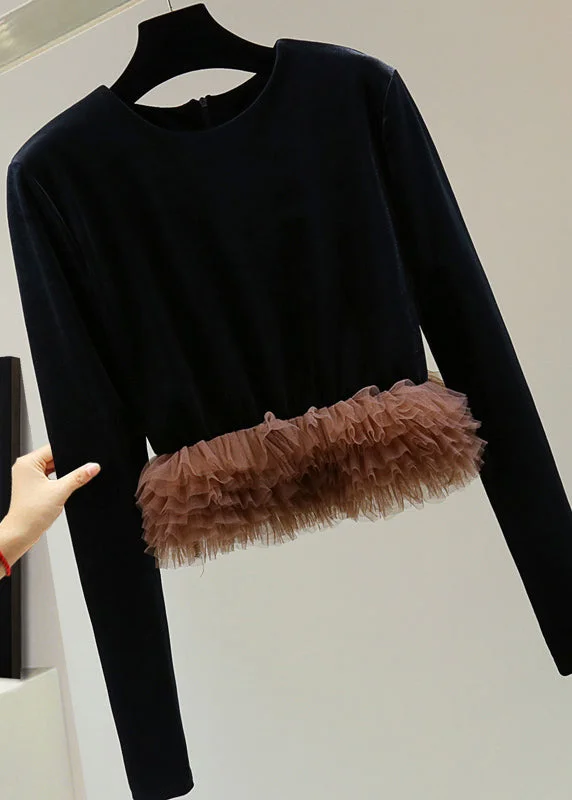 Weekend Discounts to Enjoy Modern Coffee O-Neck Tulle Patchwork Silk Velvet Sweater Winter