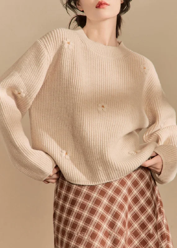 Lowest Price New Beige O Neck Solid Cozy Knit Sweaters Winter