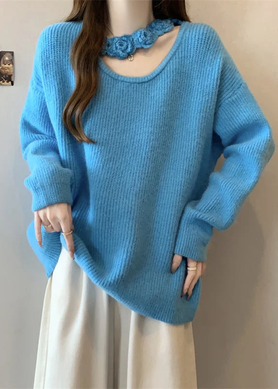 Extra Discounts Boutique Blue Hollow Out Floral Knit Sweater Winter