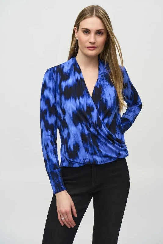Low Prices Joseph Ribkoff Royal Sapphire/Multi Abstract Print Faux Wrap Blouson Top 244075