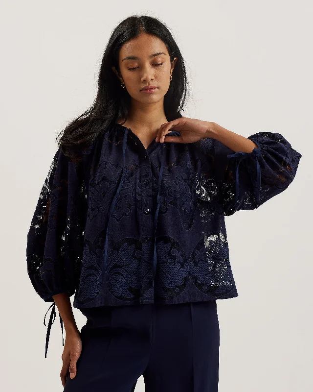 Year-End Sale Bacina Lace Puff Sleeve Blouse Dk-Blue