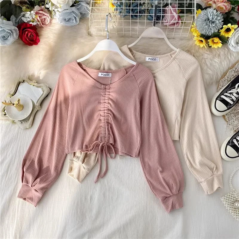 Low Price sexy short crop top design V-neck style long-sleeved T-shirt      S4129