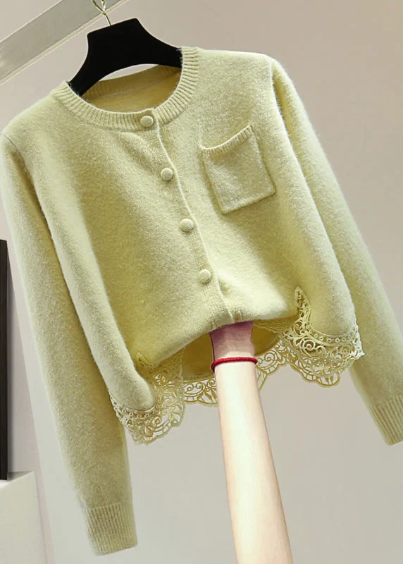 Steals and Deals Women Light Green O-Neck Lace Patchwork Cotton Knit Sweaters Winter