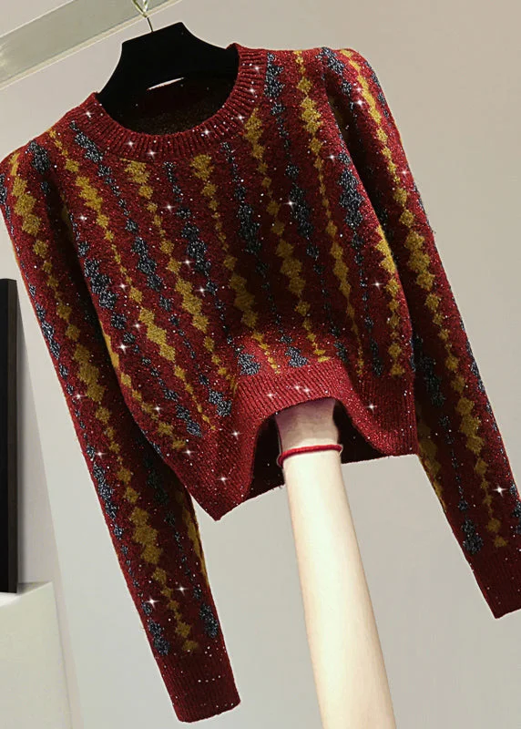 Weekend Offers That Please Classy Red Striped Sequins Cotton Knit Sweater Puff Sleeve