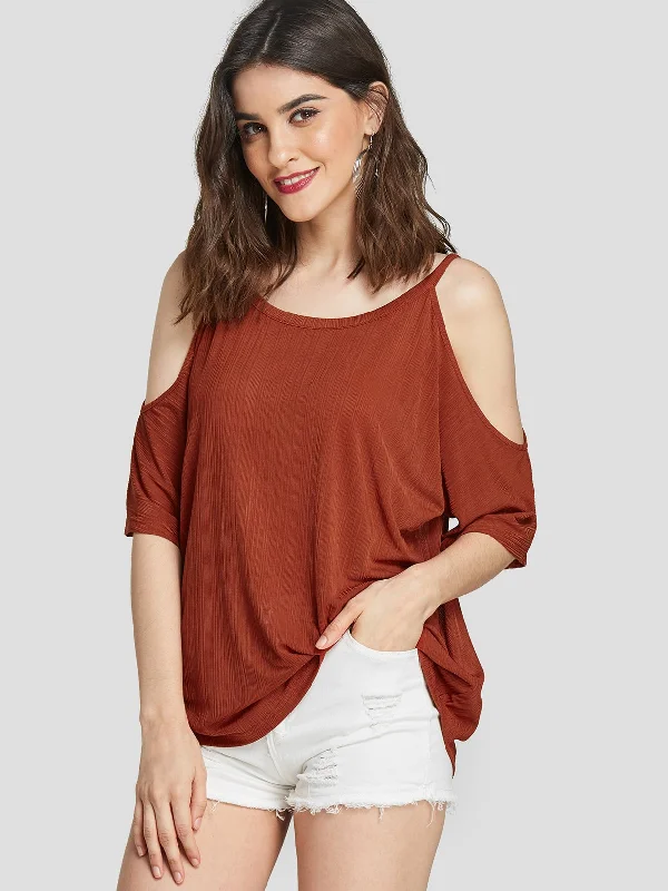 Weekend Discounts You Deserve Custom Cold Shoulder Plain Cut Out Half Sleeve Rust T-Shirts