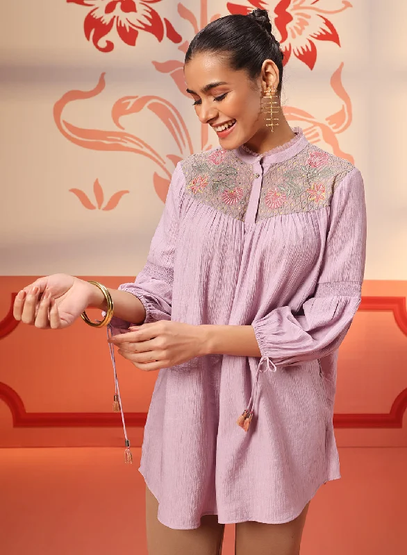 Super Sale Faya Lavender Crinkled Crepe Embroidered Top for Women