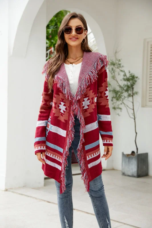 Best Bargains Women's Geometric Print Open Front Mid Length Fringed Cardigan