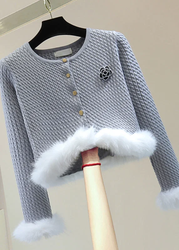 Mega Sale Stylish Grey O-Neck Floral Fuzzy Fur Fluffy Cotton Knit Sweater Winter