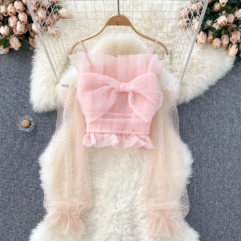New Markdowns Cute tulle bow long sleeve tops crop tops      S242