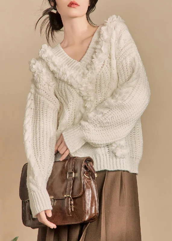 Weekend Specials to Relish Elegant White V Neck Hollow Out Solid Knit Sweaters Winter