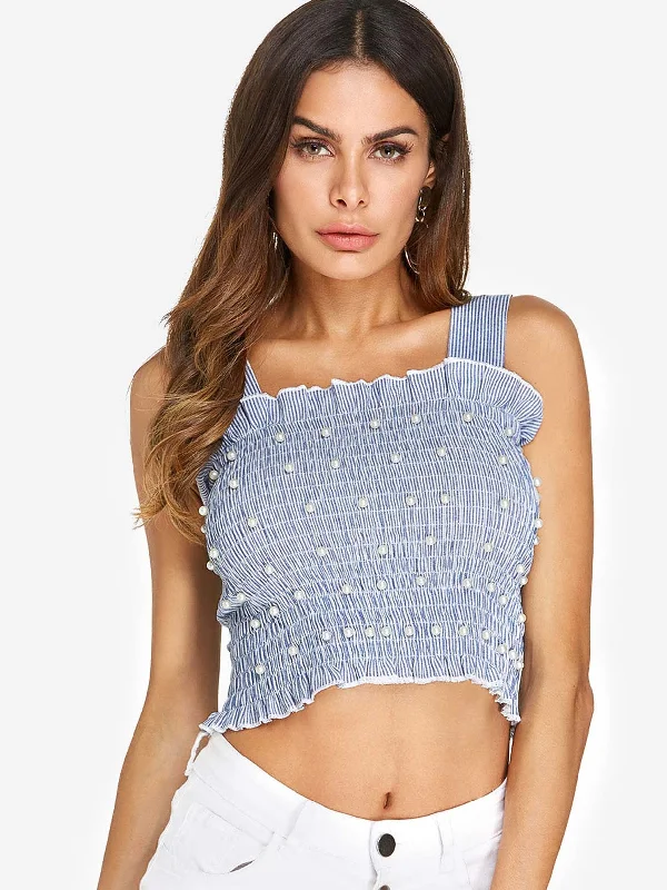 YEAR-End Clearance Custom Square Neck Stripe Sleeveless Blue Camis