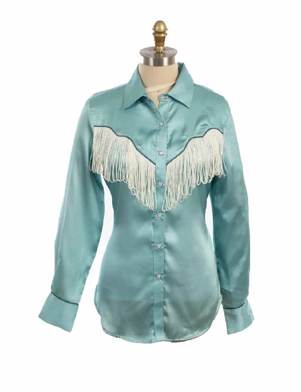 Midnight Madness Scully Womens Retro Snap Fringe Turquoise 100% Polyester L/S Blouse