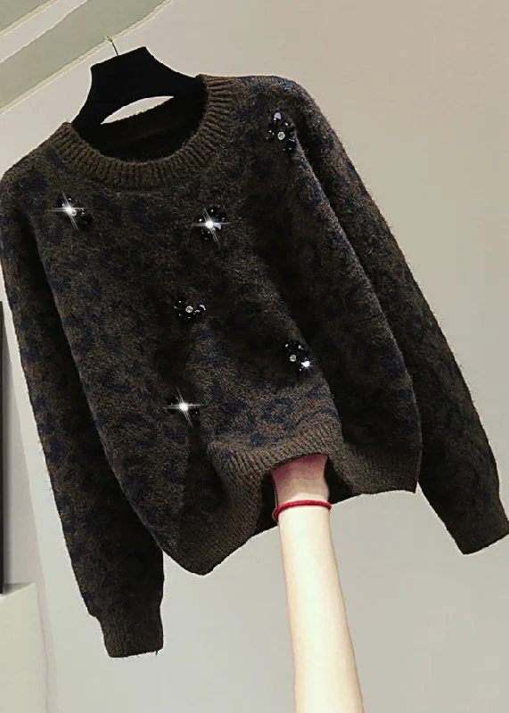 Big Savings Organic Leopard Zippered Nail Bead Cotton Knit Sweater Winter