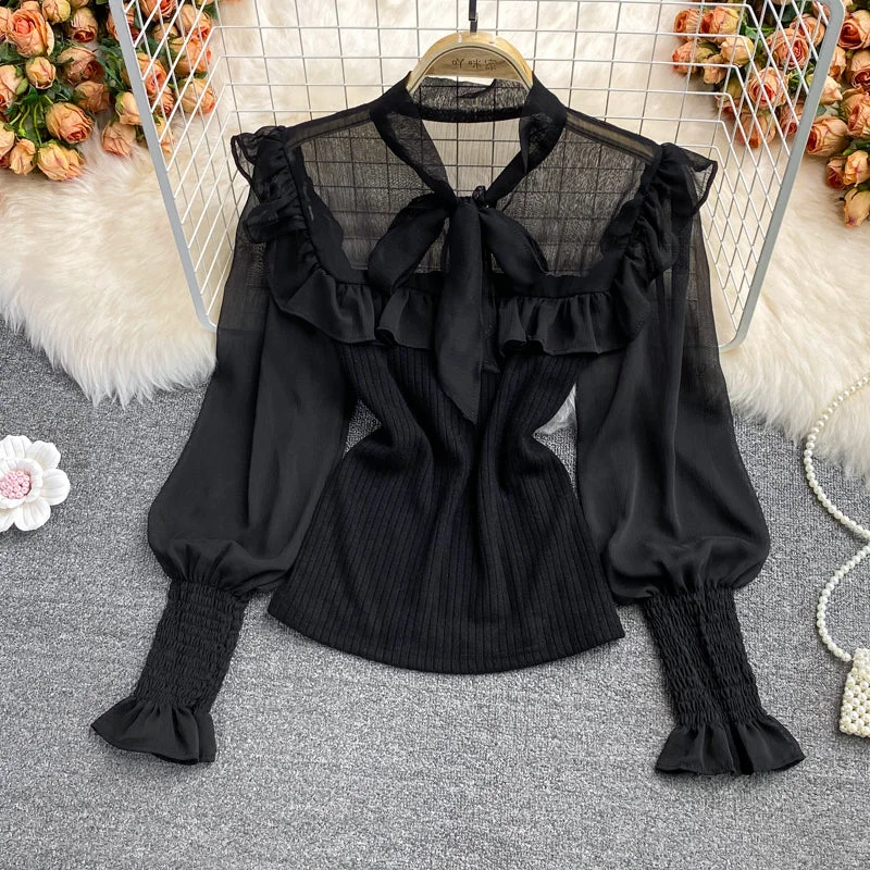 Weekend Bargains Galore Cute chiffon long sleeve tops see through tops     S81