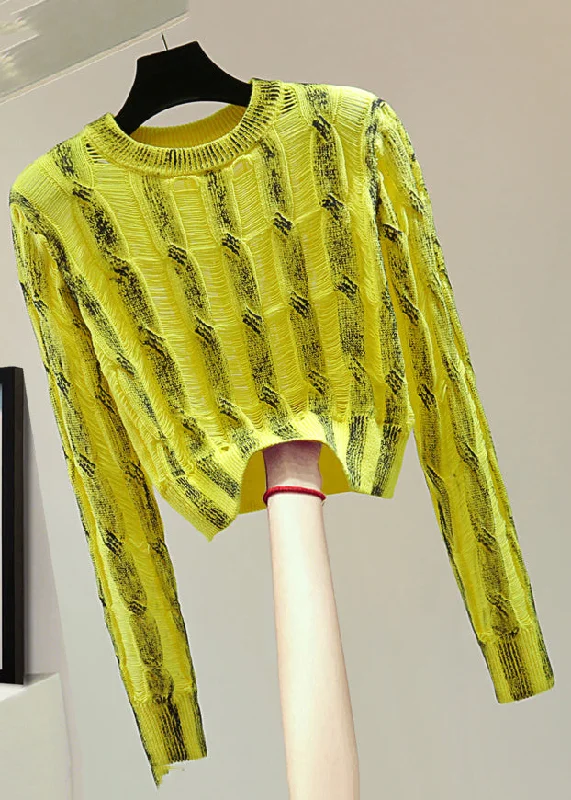 Weekend Savings Spree Handmade Yellow O-Neck Striped Patchwork Knit Sweater Spring