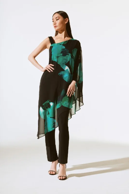Sale Alert Joseph Ribkoff Black/Green Floral Print Asymmetric Chiffon One-Shoulder Top 243791