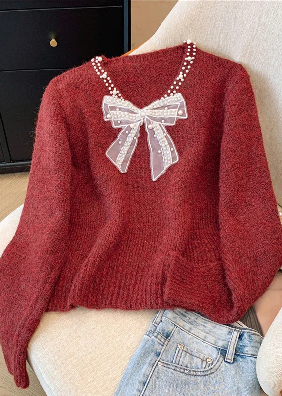 Incredible Offers Stylish Red V Neck Bow Nail Bead Knit Sweater Winter