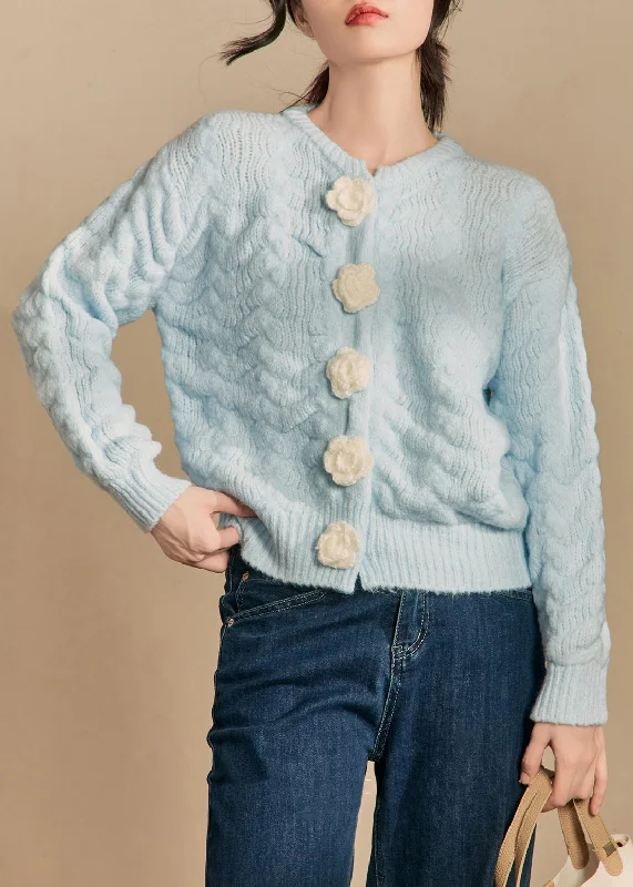 Your Weekend, Your Savings French Blue Floral Button Solid Cotton Knit Cardigan Winter