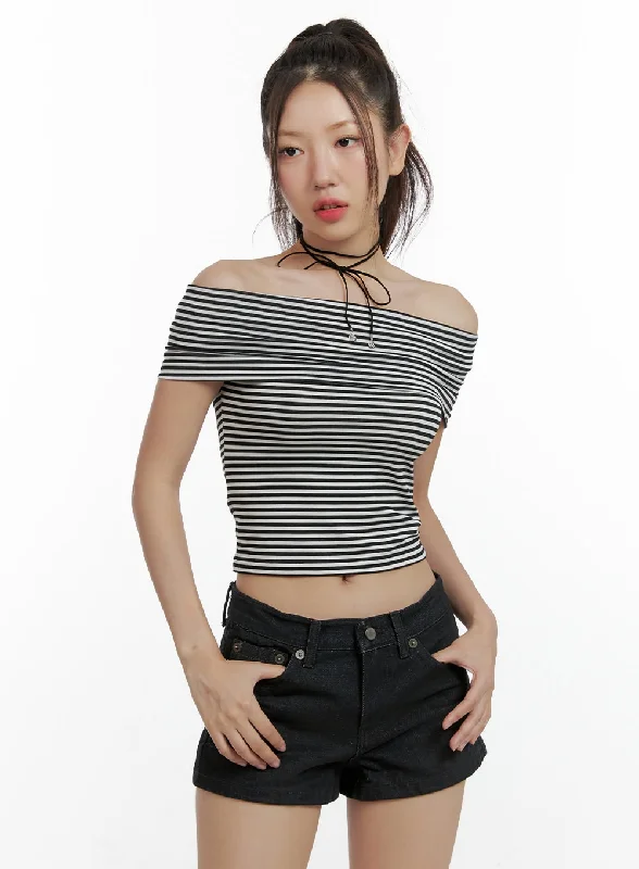 Price Meltdown Stripe Off Shoulder Crop Top CL410