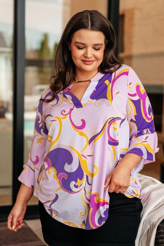 Price Drop Lizzy Bell Sleeve Top in Regal Lavender and Gold