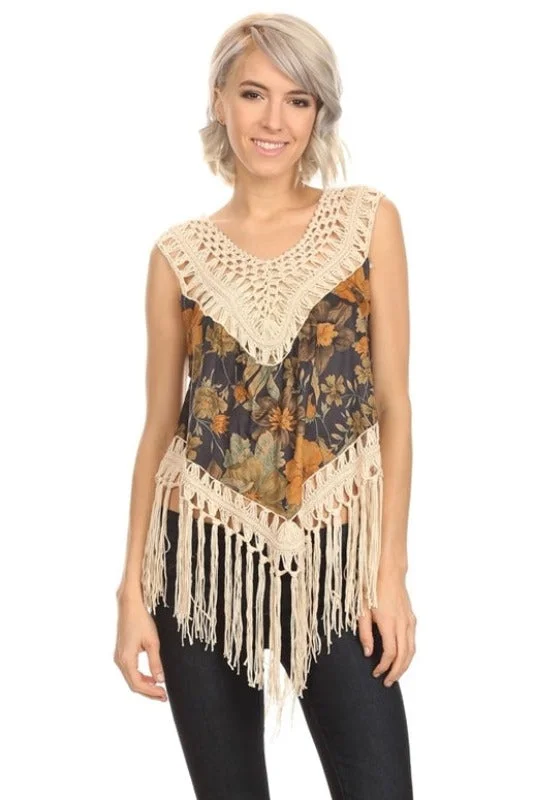 Stock Up and Save Sassy Bling Crochet Floral Print Fringe Crop Top - Navy