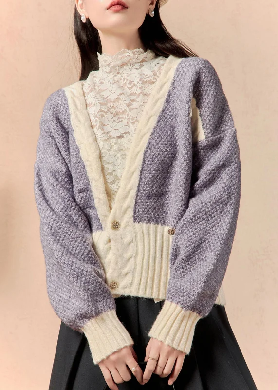 The Best Prices Chic Purple V Neck Button Patchwork Knit Cardigan Winter