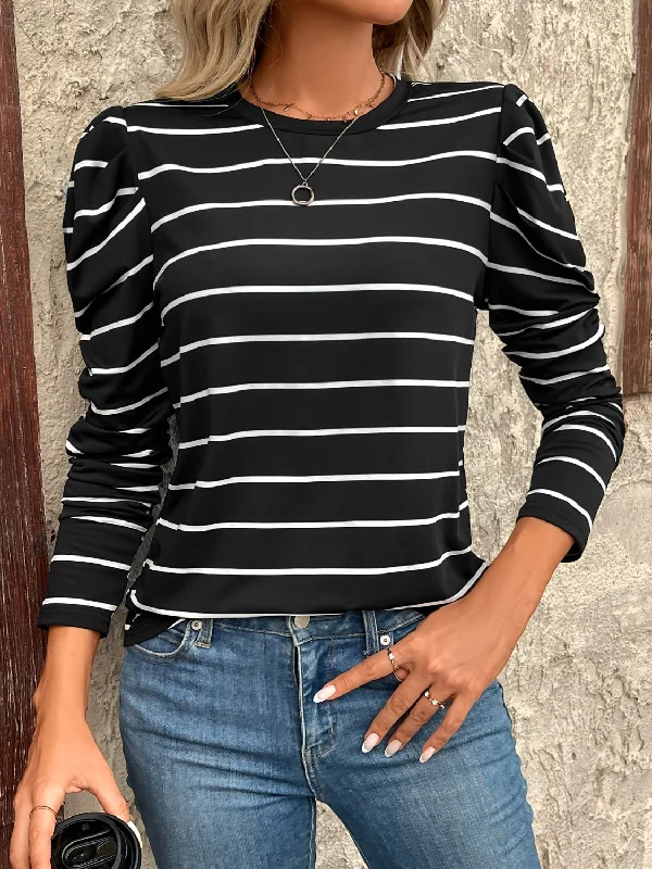 Weekend Bargains to Snag Full Size Striped Round Neck Puff Sleeve T-Shirt