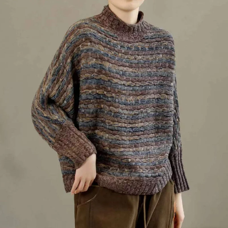 Flash Sale Women Color Block Striped Turtleneck Knitted Sweater