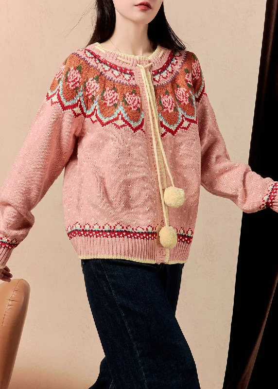Weekend Bargains to Celebrate Jacquard Pink Button Lace Up Knit Cardigan Winter