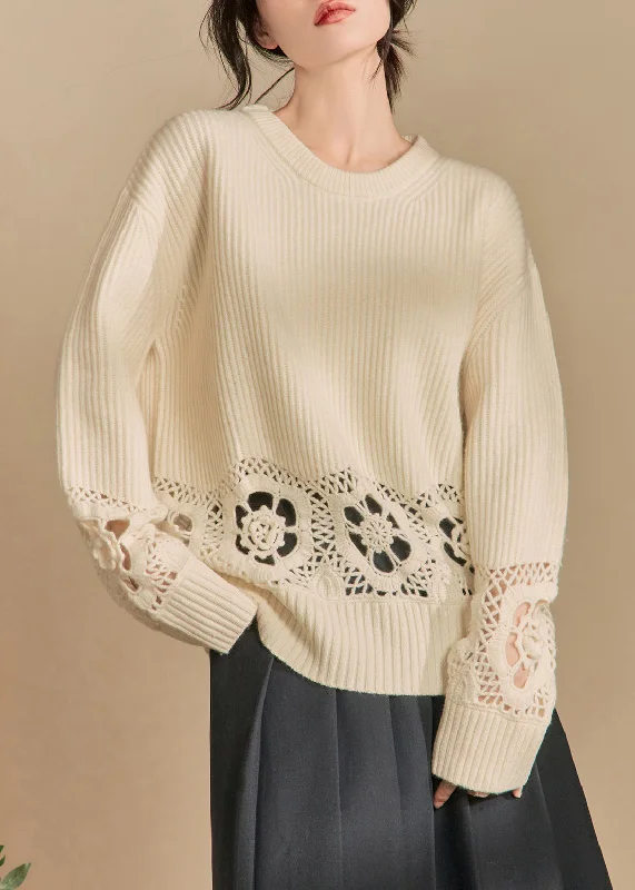 Weekend Deals to Make You Happy Loose Beige Hollow Out Solid Knit Sweater Winter