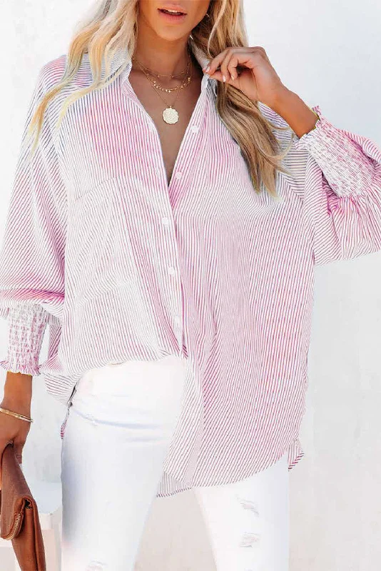 Huge Discounts Black Striped Casual Shirred Cuffs Shirt