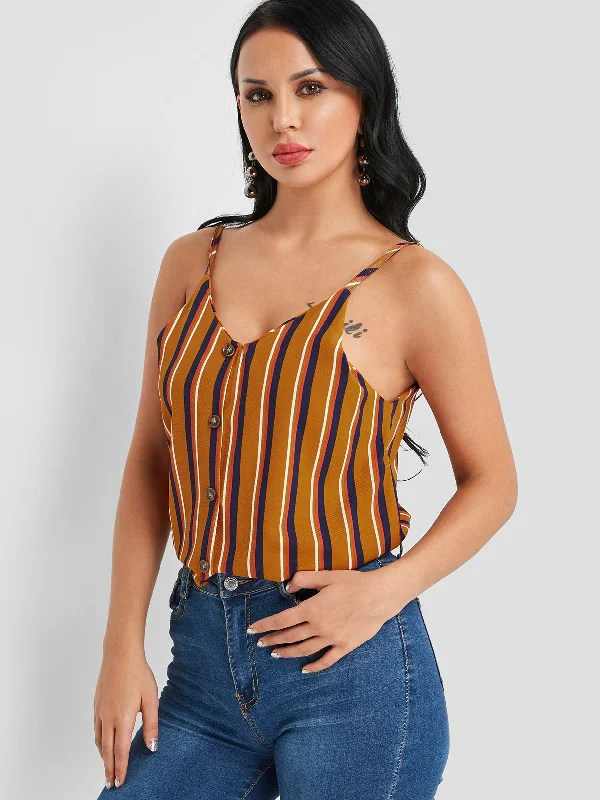 Act Now Custom V-Neck Stripe Spaghetti Strap Sleeveless Brown Camis