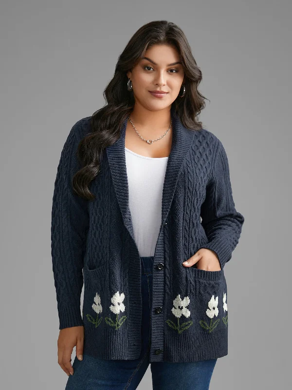 Price Break Floral Jacquard Cable Knit Pocket Cardigan