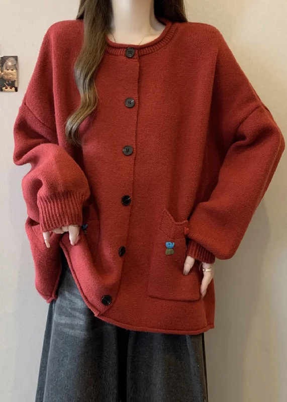 Online Deal Style Red O Neck Button Pockets Knit Cardigan Winter