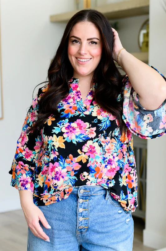 Weekend Savings Sensation Lizzy Bell Sleeve Top Black and Teal Tropical Floral