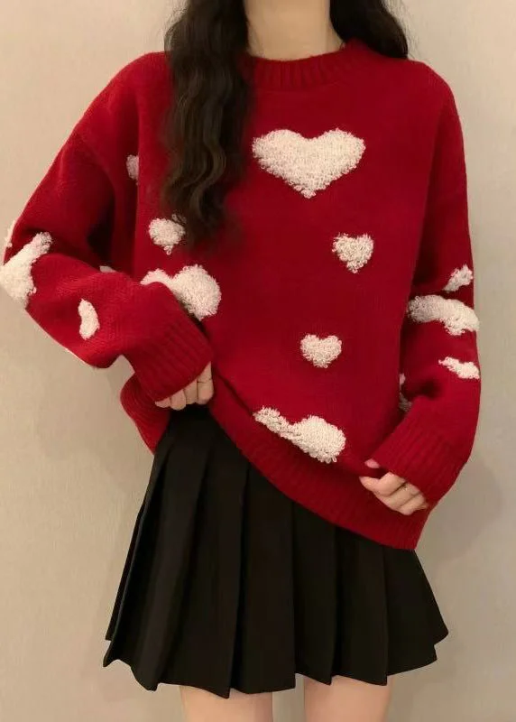Today’s Special New Red O Neck Heart Jacquard Thick Knit Sweaters Winter