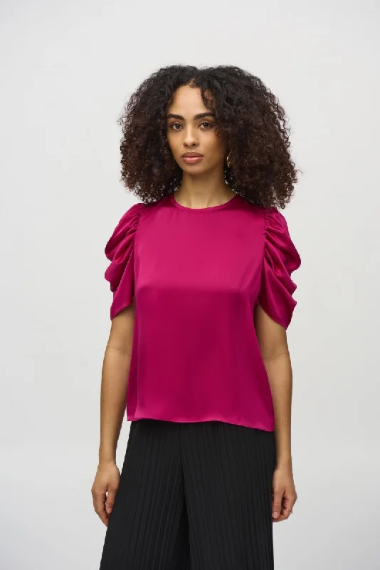 Weekend Discounts to Grab Joseph Ribkoff Rich Berry Crew Neck Shirred Sleeve Satin Top 244023