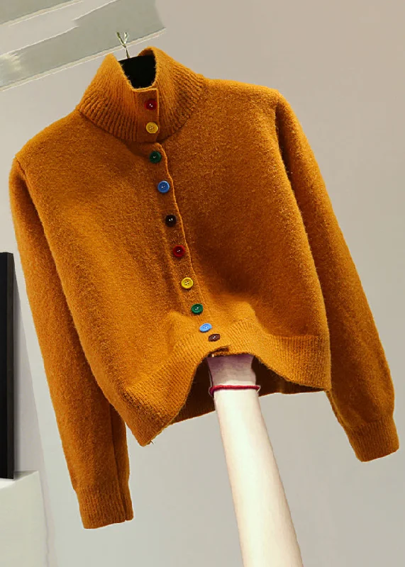 Early Access Stylish Orange Stand Collar Patchwork Cotton Knit Sweaters Winter