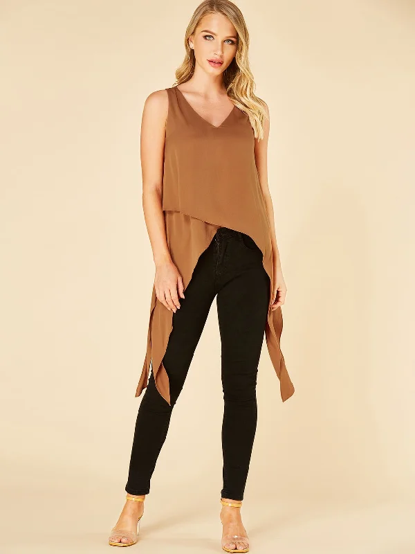 Extra Savings Wholesale V-Neck Plain Sleeveless Irregular Hem Coffee Tank Top
