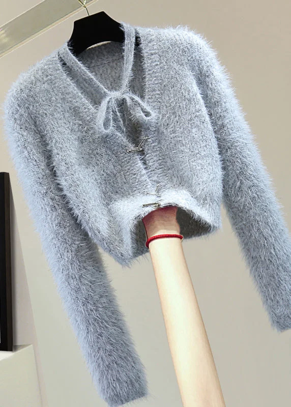 Cash Savings Classy Grey V Neck Bow Solid Ma Hai Mao Cotton Knit Sweaters Winter