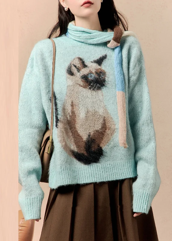 Weekend Savings Galore Loose Blue Scarf Animal Print Knit Sweater Winter