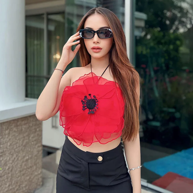Limited Time Sexy Hanging Neck Sleeveless Floral Tops Wholesale Womens Tops