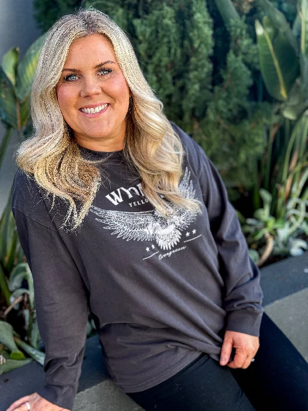 Weekend Bargains to Savor Wyoming Long Sleeve Tee - Washed Black