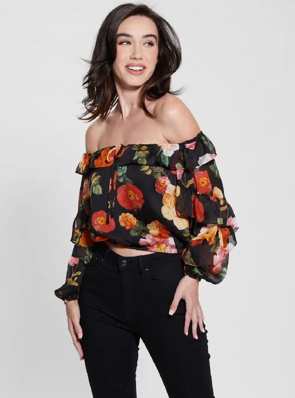 Weekend Deals to Make You Smile Black Floral Shani Ruffle Top