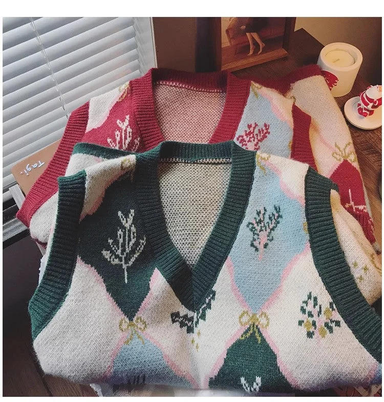 Seasonal Sale Retro jacquard V-neck knitted vest for women new style vest top     S5019