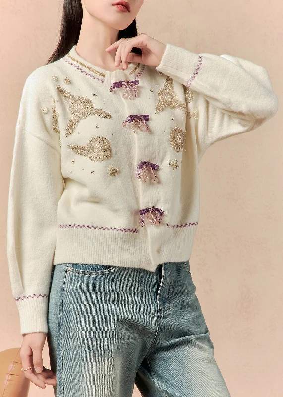 Weekend Specials to Love Handmade Beige Nail Bead Patchwork Knit Cardigan Winter