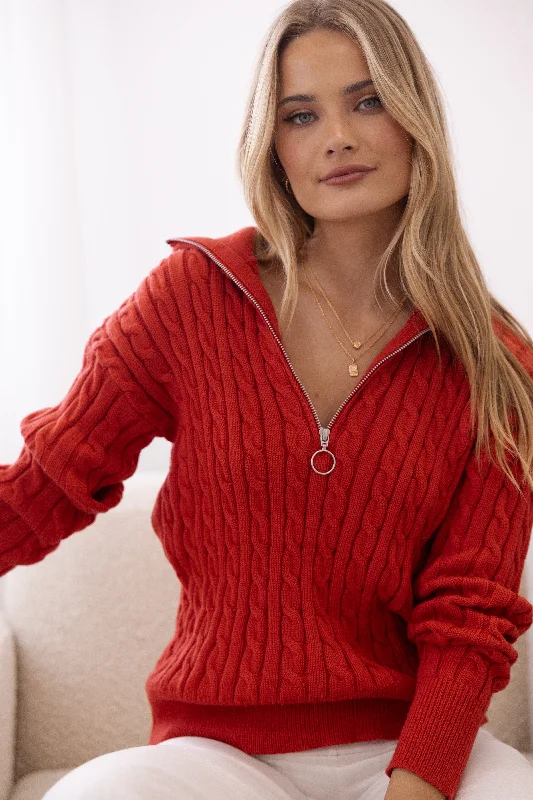 Weekend Savings Bonanza Frida Quarter Zip Knit Sweater - Red